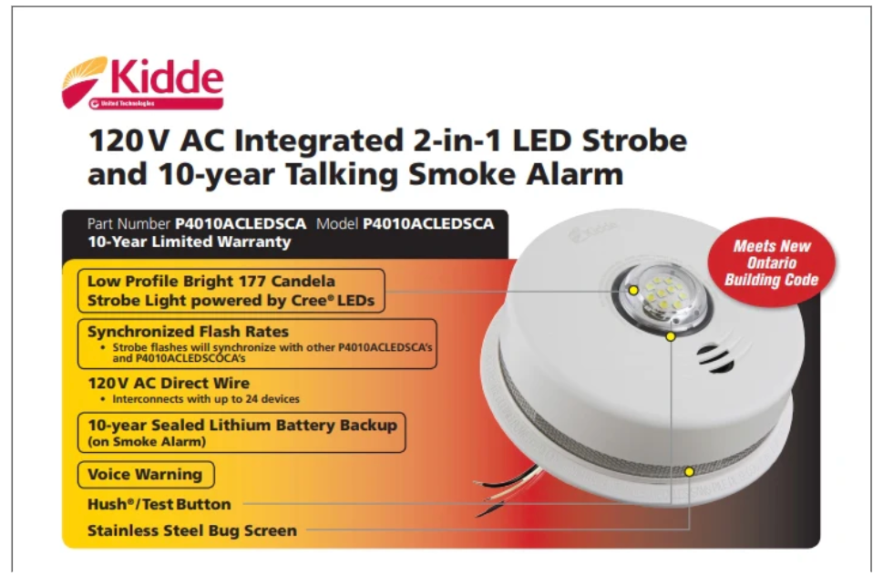 Kidde P4010ACLEDSCA integrated 120 V AC wire-in smoke alarm with LED strobe light--10-year sealed battery backup and