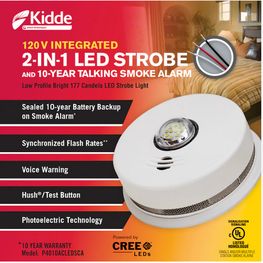 Kidde P4010ACLEDSCA integrated 120 V AC wire-in smoke alarm with LED strobe light--10-year sealed battery backup and